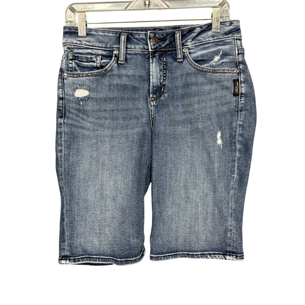 Silver Jeans Co Avery Bermuda Shorts Womens 28 Blue Distressed High Rise Denim